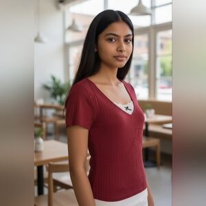 Falechay Womens Cute And Cozy Red V-Neck Ribbed Top With Lace Trim NWT Medium